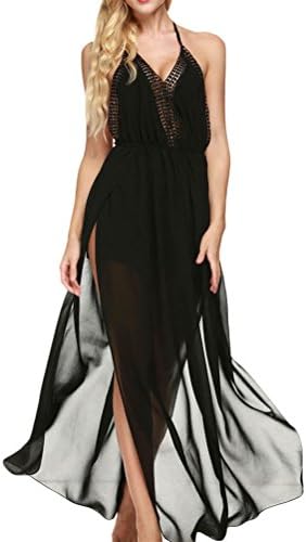 Locry Women Halter Sleeveless Backless Side Split Long Maxi Party Dress (M, Black)