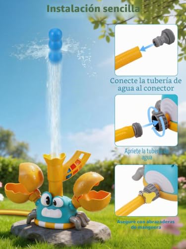 3-en-1 Juegos de Agua para Niños Exterior, Juguete de Aspersores Forma de Cangrejo con Juego de Lanzar Tela y Atrapar Pelota, Juguetes Verano para 3 4 5 6 7 8 9Años, Regalo Creativo para Niños y Niñas