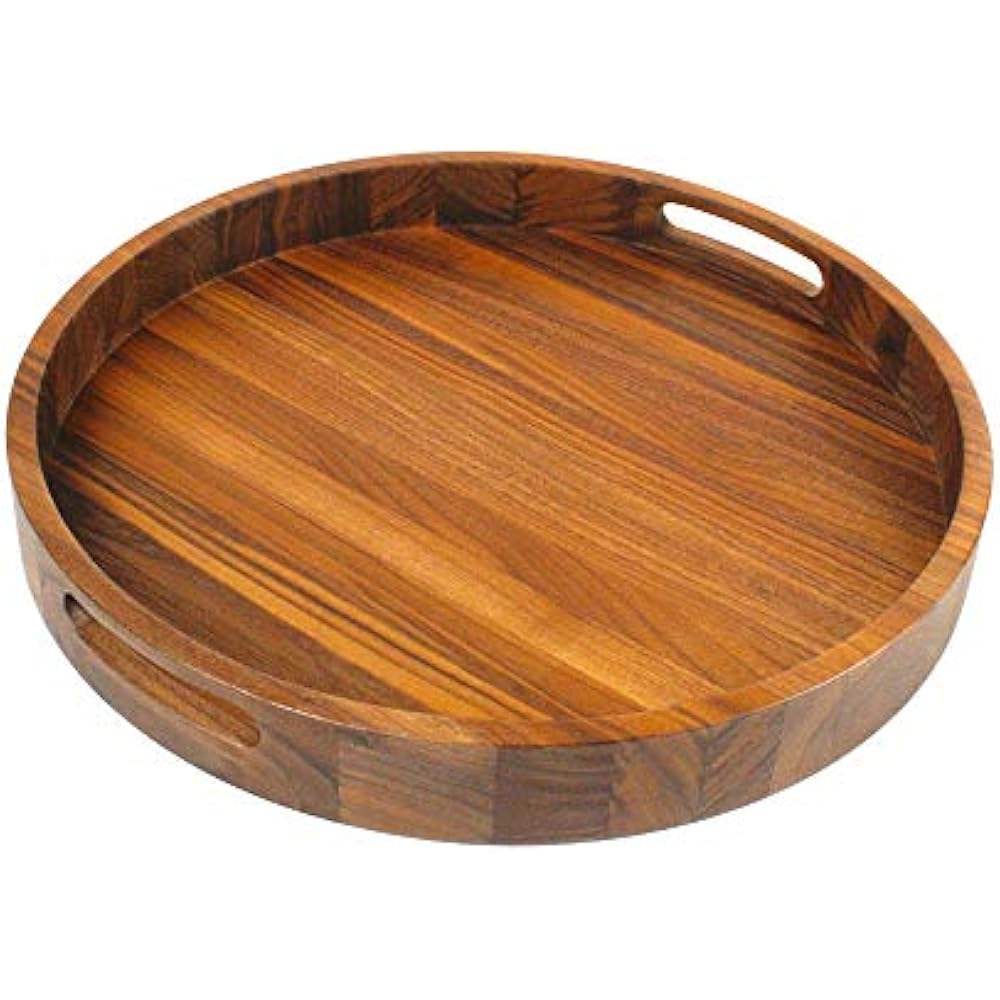 Round Serving Tray 16.5 Inch Walnut Wood Platter Handles Perfect For