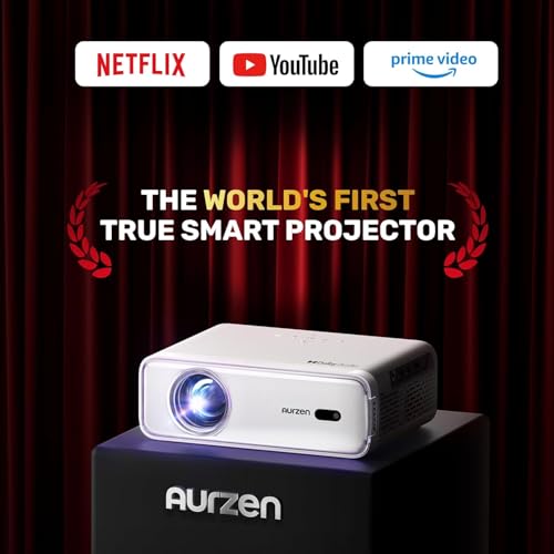 [Built in NetfIix App] Projector, Aurzen Eazze D1 4K Supported Smart Projector with HDR10, DoIby Audio, Auto Focus, WiFi Bluetooth Portable Projecteur for Outdoor, White