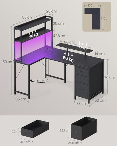 Escritorio en Forma de L, con Enchufes, Luces LED, Cajones y Soporte para Monitor, 140 x 100 x 150 cm, Negro, para Oficina en Casa y Gaming, Colección Barnet LWD162B101