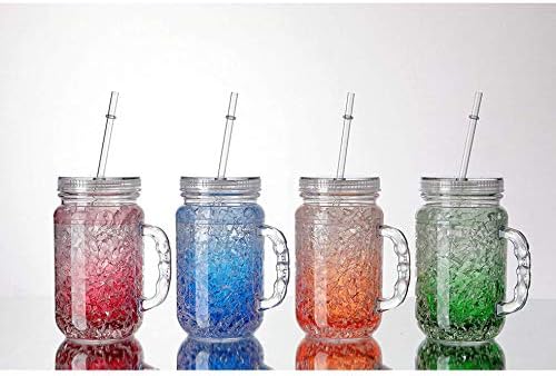 Double Wall Gel Frosty Freezer Jars Set With Covers and Straws 18Oz (Red, Blue, Orange, Green)