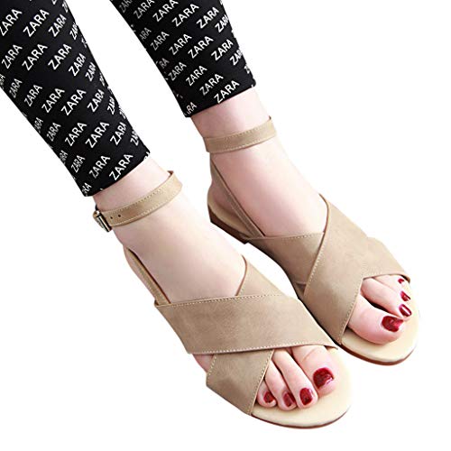 Fainosmny Womens Shoes Flat Sandals Belt Buckle Sandals Open Toe Beach Shoes Summer PU Leather Sandals Water Shoes Beige
