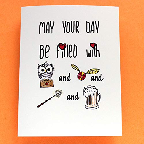 Harry Potter Birthday and Special Occasion Card - May Your Day Be Filled with Owl Post, Golden Snitch, Magic, Mulled Mead - Happy Little Things - Folded Greeting Card with Envelope, Blank Inside
