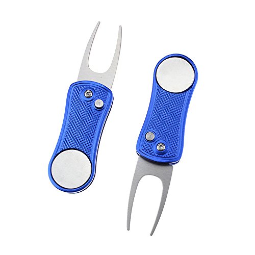2 Pack Golf Divot Repair Tool - Stainless Steel Switchblade With Detachable Ball Marker (Blue)