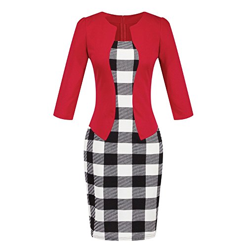 Birdfly Office Women's Plaid Patchwork Pencil Skirts Formal Working Dress with Three Quarter Sleeve.Plus Size 2L 3L (3XL, Red(92))