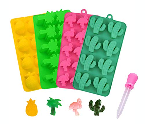 KIUATSJR Silicone Candy Mold Cactus Flamingo Coconut Tree & Pineapple Style for Making Candy, Jelly Suger, Chocolate, Ice Cube Tray - 4 Packs with 1 Dropper (Multi)