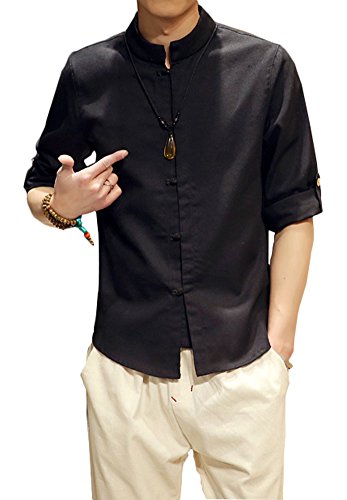 Plaid&Plain Men's Linen Cotton Mandarin Collar Roll-Up Sleeve Frog-Button Shirt Black L