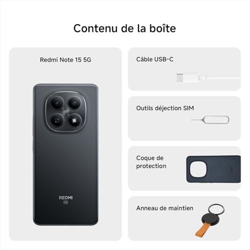 REDMI Note 15 5G, Smartphone 8+256Go, Design Ultra Fin, Résistance à l'eau IP65, Appareil Photo Ultra-Net 108 Mpx, Écran FHD+ 6,77", Bleu, Garantie 2 Ans, Chargeur Non Inclus