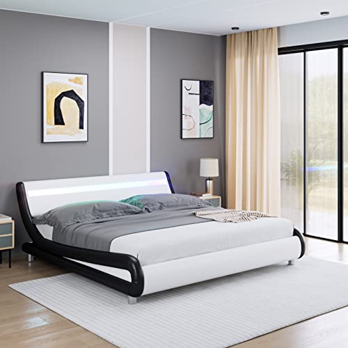 Deluxe Faux Leather Upholstered Platform Bed Frame with LED Headboard