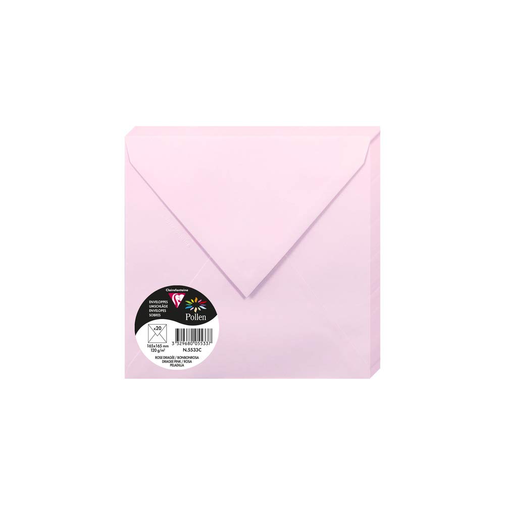 Clairefontaine 5533C Pack of 20 Gummed Envelopes Square Format 16.5x16.5cm 120g/m² Dragée Pink Invitation Event Correspondence Pollen Range Premium Smooth Paper