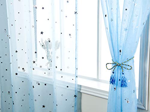 AmHoo Sheer Curtain Foil Print Sliver Star Pattern Semi Voile Sheer Curtain Panel Grommet Top Panels Set of 2 for Living Bedroom Window Treatment (Blue, 52 x 63 Inch)