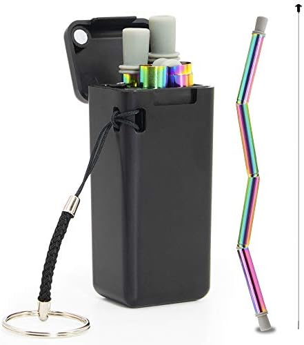 Collapsible Straw Reusable Stainless Steel, Premium Food-Grade Folding Metal Drinking Straws Portable Set with Hard Case Holder & Cleaning Brush & Keychain (Black)
