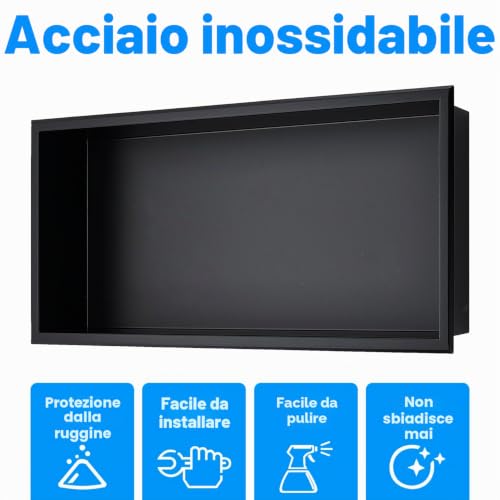 HANFU Built-in Shower Niche, Single Layer Bathroom Niches, 60 x 30 x 10 cm | Frameless Stainless Steel Wall Niche, Niche Shelf Bathroom Shelves for Body Wash Shampoo Toiletries, Black