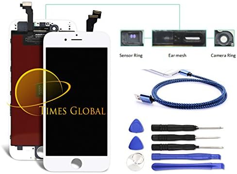 Times Global iPhone 6 (4.7 inches) White LCD Display Touch Screen Digitizer Replacement includes (Sensor Ring, Ear Mesh and Camera Ring) + Free Tool kit and USB Cable