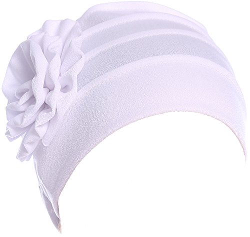 DancMolly Muslim Chemo Turban Ruffle Mesh Headband Beanie Cap Scarf For Cancer Patient (White)