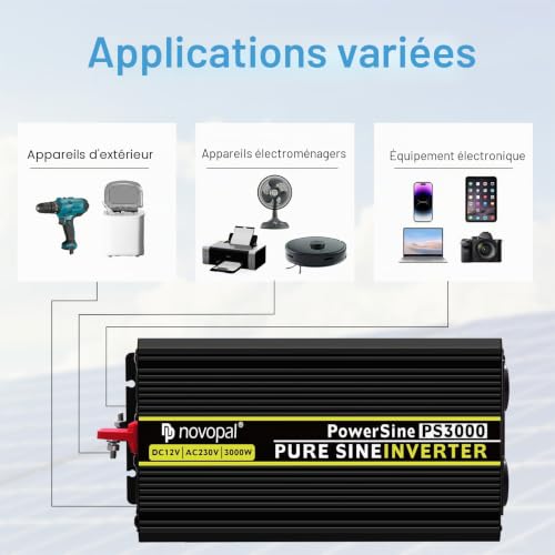 NOVOPAL 3000W Pure Sine Converter 12V 220V 230V Inverter Transformer, 2 EU AC Sockets, 1USB, 5M Remote Control, Suitable for Trucks, Camping, Travel, Cars, Peak Power 6000W