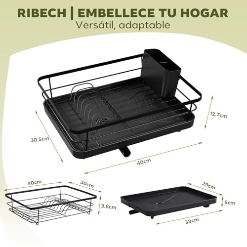 Ribech Compact Black Dish Drying Rack – Dries Tableware and Cutlery, Space Saving in Small Kitchens, with 360° Drain to the Sink, Stainless Steel, 30.5 x 38 x 12.5 cm
