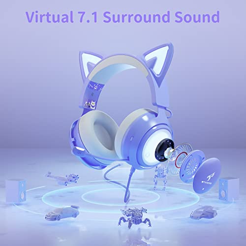 EASARS Cat Ear Headset, USB Gaming Headset with Retractable Mic, 7.1