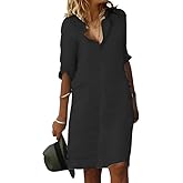 Fronage Women's Summer Midi Shirt Dresses Button Down 1/2 Sleeve Lapel Casual Cotton Linen Dress