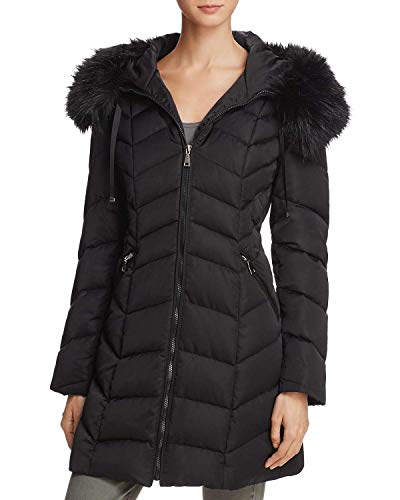 T Tahari Women's Gwen Faux Fur Trim Hooded Coat Short Jacket Black (M)