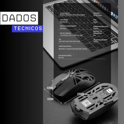 Mouse Gamer Sem Fio RS8 RGB Bluetooth 2.4G Recarregável 10000 DPI Design Ergonômico 6 Botões Para PC Notebook