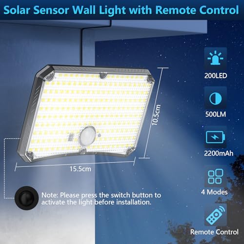 Outdoor Solar Lamp [2 Packs] Outdoor Solar LED Light with Motion Sensor 200LED 4 Modes Remote Control Outdoor LED Headlight with Solar Panel, Outdoor Garden Solar Lights with 5 m Cable