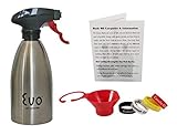 Stainless Steel Oil Sprayer For Cooking, Evo 16 Ounce Reusable Refillable For The Kitchen BBQ With Funnel, Identification Bands And Informational Card.