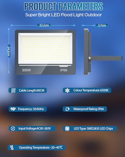 TOPAUBUB Outdoor LED Spotlights 300W 30000LM 2 Pieces – Powerful Outdoor LED Spotlights 6500K Cool White IP66 Waterproof for Garden Patio