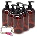 Baire Bottles 16 oz Empty Refillable Plastic Pump Bottles Dispenser FOR THICK PRODUCTS 6 Pk BPA Free Refill Shampoo Lotion Soap Waterproof Labels USA(Amber/Brown with Black Lotion Pump, Floral Labels)