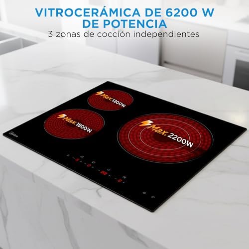 Placa Vitroceramica 3 fuegos 6200 W - Vitroceramica Integrada con Panel de control tactil, Indicador de Luz, Temporizador, Child lock y Protección por Sobrecalentamiento