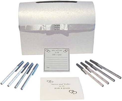 Wedding Card Box for Reception White and Silver, 50 Advice and Well Wishes Note Cards and 8 Two Heart Themed Pens