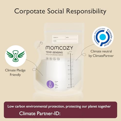 Momcozy Easy Pour Breastmilk Storage Bag, 8Oz, Temp-Sensing Color Change, 120 Count Milk Bag with Self Standing for Breastfeeding, No Leak Presterilized for Freezer, Recyclable & BPA Free