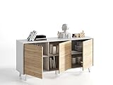 Habitdesign 0F6638BO - Aparador buffet salón comedor 3 puertas, color Blanco Brillo y Roble Canadian, medidas: 154 x 75 x 41 cm de fondo.