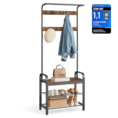 VASAGLE Garderobenständer, Garderobe, mit Schuhbank, 4-in-1 Design, 9 abnehmbare Haken, Kleiderstange, Eingangsbereich, Flur, 33,7 x 77 x 183 cm, Indu
