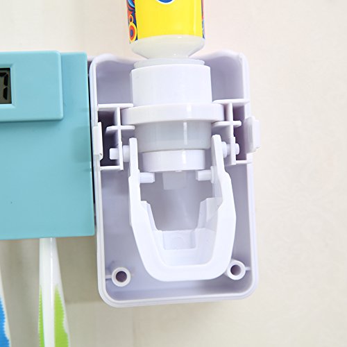 Toothbrush Holder Wekity Toothpaste Automatic Dispenser Anti-dust Cover Toothbrush Holder Squeezer Kit with Electric Watch, 3 Holders Wall Mounted Bathroom Accessories Storage Set (Blue)