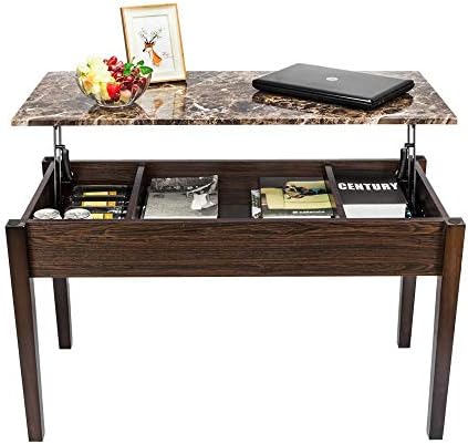 Coffee Table Multifunctional Coffee Table Lift-up Top Coffee Table with Hidden Storage Compartment and Lower Shelf (3 Compartment, Brown-1 Marble)
