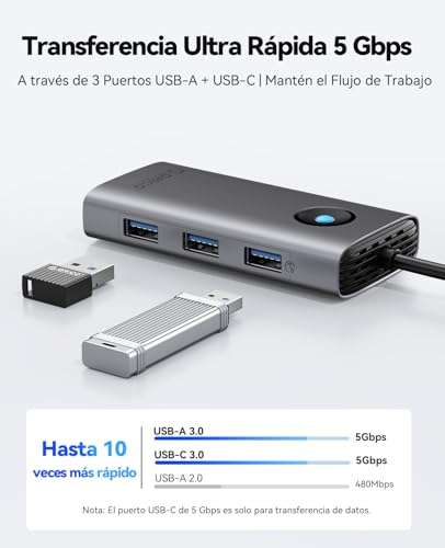 ORICO Docking Station, 6 in 1 USB C Hub with HDMI 4K+ PD100W + 4 USB 3.0 Ports, Multiport USB 3.0 Adapter Compatible with MacBook/DELL/HP/Surface
