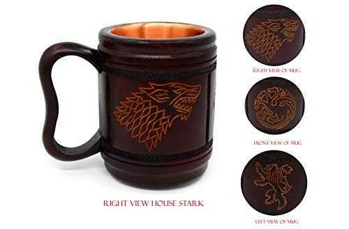 5MoonSun5's Handmade wooden Beer Mug copper Cup Carved Natural Beer Stein Old-Fashioned Barrel Brown Vintage Bar accessories - Wood Carving Stark Targaryen and Lannister Beer Mug Tankard for Men 16oz - Thumbnail 7