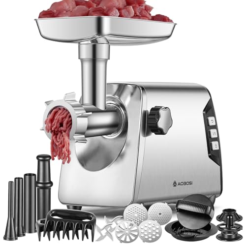 AAOBOSI #12 Meat Grinder, 3 Speed Electric Heavy Duty: 2 Blades, 4 Plates, 3 Sausage Fillers, Kibbe Kit, Meat Clip, Burger Press (Silver)