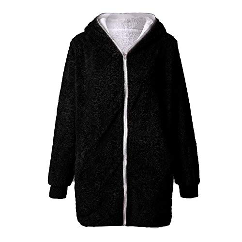 Sanyyanlsy Solid Oversized Zip Shaggy Plush Hooded Coat Ladies Winter Fluffy Long Cardigan Outwear with Pocket for Women Black - Thumbnail 3