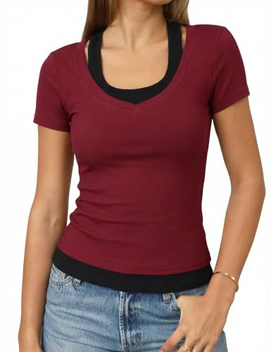 Damen T-Shirt Sexy Kurzarm Shirt Mit U-Ausschnitt Sommer Basic Top Slim Fit Stretch Gerippt Oberteil Summer Tops