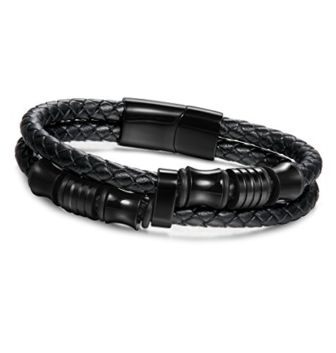 Jstyle Stainless Steel Mens Braided Leather Bracelet Bangle Wrap Magnetic-Clasp 8 Inch Black