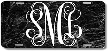 Black Marble Print Monogrammed Personalized Custom Initials License Plate Car Tag
