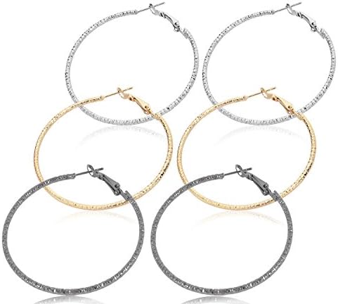 Silver Gold Gunmetal Grey Rhodium Plate Hoop Earrings Set For Women Teen Jewelry Diamond Cut 3 Pairs