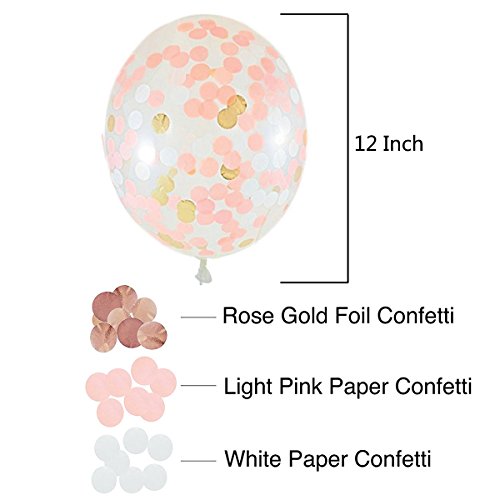 Rose Gold Confetti Balloons | 15 Pack Large 12" Rose Gold Foil, Light Pink and White Paper Pre-Filled | Wedding Engagement Birthday Party Events