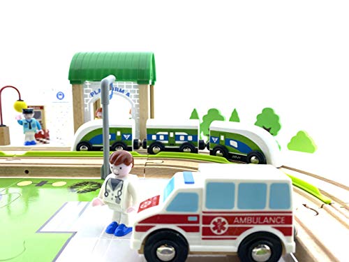 Holzeisenbahn Holzbahn / Zug mit Schienen / Train Station Holzautobahn 110 Teile – Bild 8