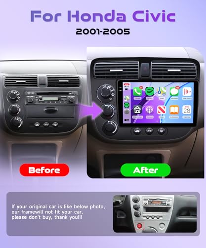4Core 4G+128G Android 15 Radio de coche para Honda Civic 2001-2005, Rimoody Car Stereo Inalámbrico Carplay Andorid Auto Mirror Link 9'' HD visualización táctil GPS WiFi Bluetooth 5.0 FM/RDS EQ-32 SWC