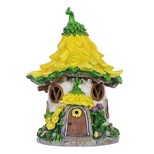Exhart Solar Sunflower Roof Fairy House Statue - Mini Sunflower Fairy Cottage Resin Statue with Solar Garden Lights - Sunflower-Topped Resin Fairy Hut for a Whimsical Fantasy Garden 10