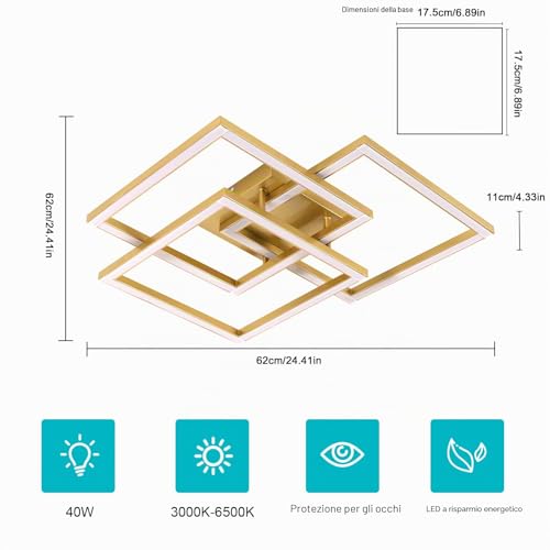 DELIPOP Modern LED Ceiling Light, 40W 4500LM Dimmable Ceiling Light, Memory Function, Gold Square LED Ceiling Light for Living Room, Bedroom, Kitchen